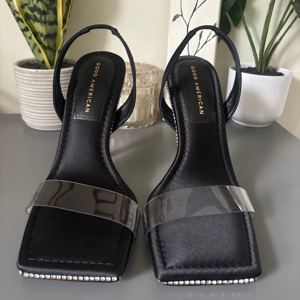 Good American Black Slingback Heels with Clear Front Strap